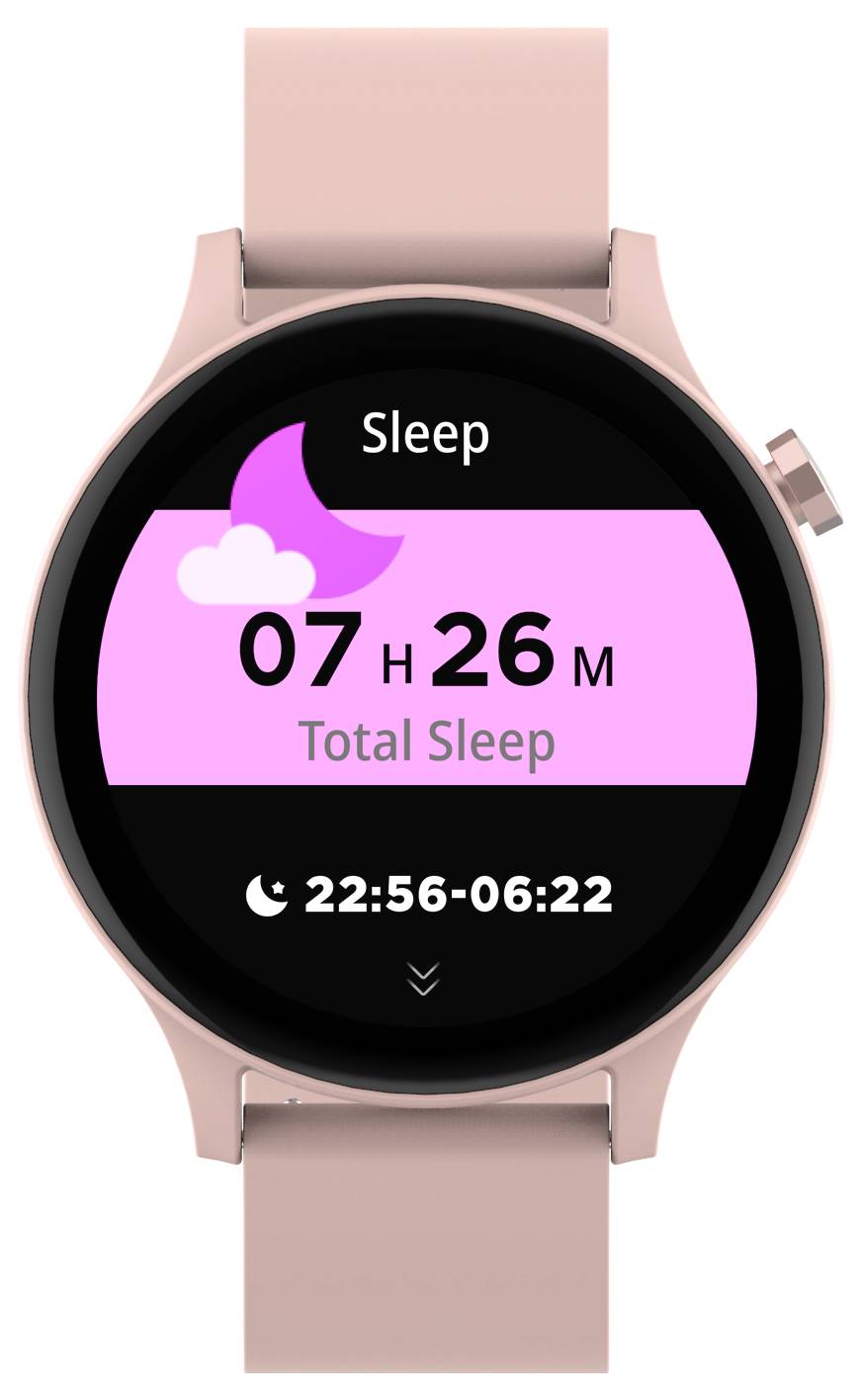 Smartwatch toont slaapanalyse: Totaal 7 uur, 26 minuten slaap, van 22:56 tot 06:22. Roze display met maan- en wolkensymbool.