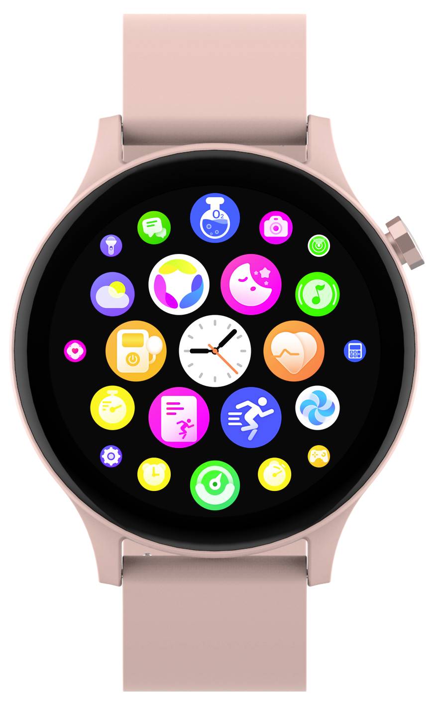 Een ronde, roze smartwatch met apps, waaronder Klok, Fitness, Berichten en Muziek. Kleurrijke app-symbolen op een zwarte wijzerplaat.