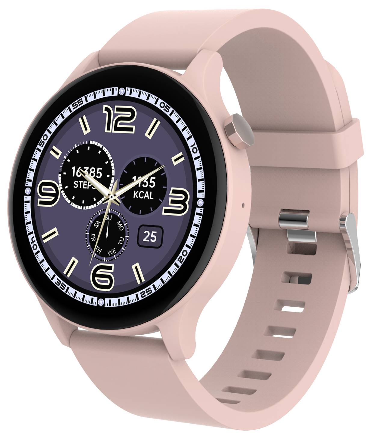 Roze Smartwatch met rond display; toont stappen, verbrande calorieën en de datum. Polsband heeft meerdere gaten voor maatinstelling.
