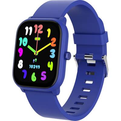 Blauwe smartwatch met een wijzerplaat die grote, kleurrijke cijfers weergeeft. De tijd is 10:10 uur.