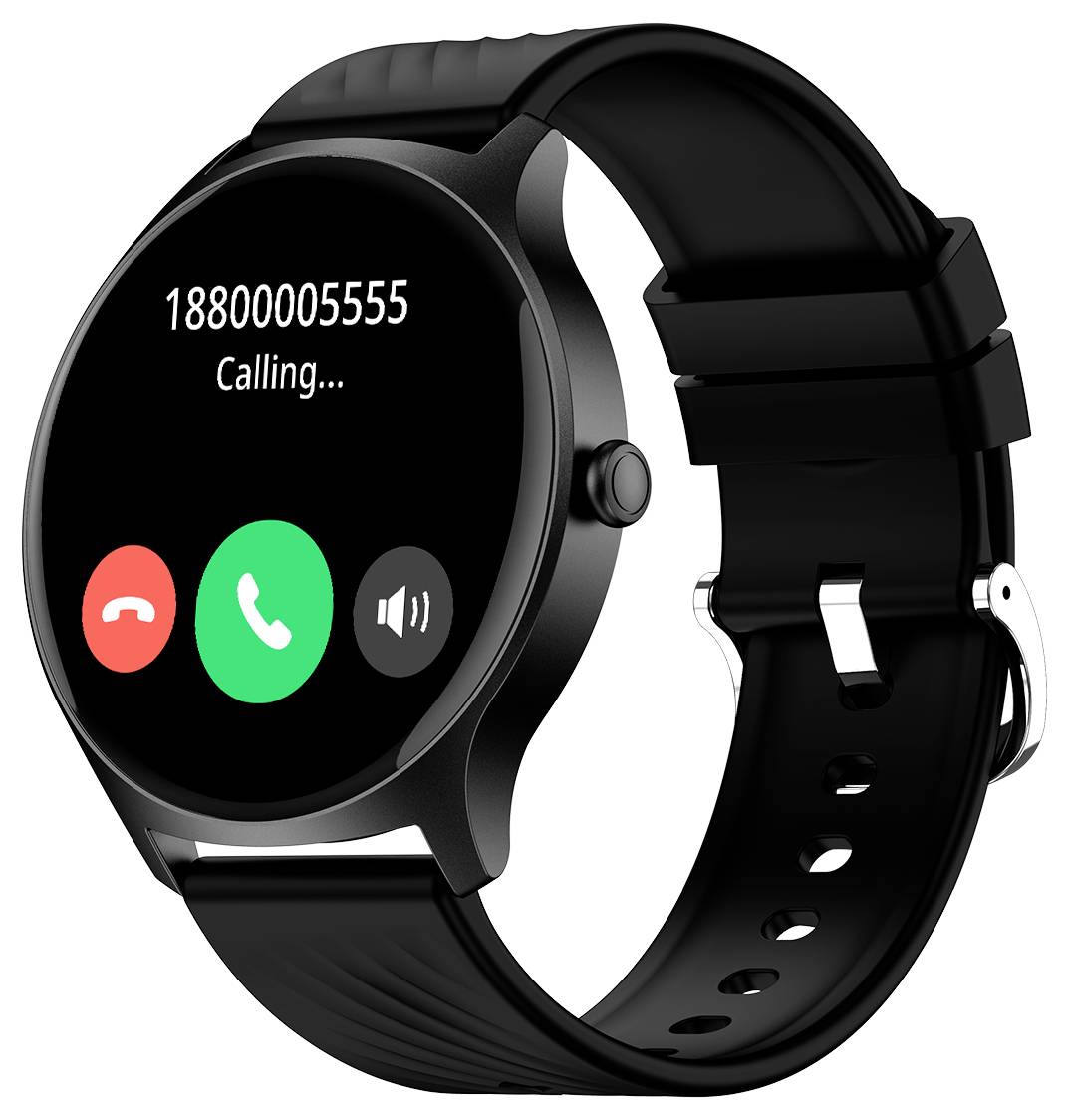 Zwarte smartwatch toont een inkomende oproep van '18800005555' met groene beantwoord- en rode afwijsopties op het scherm.
