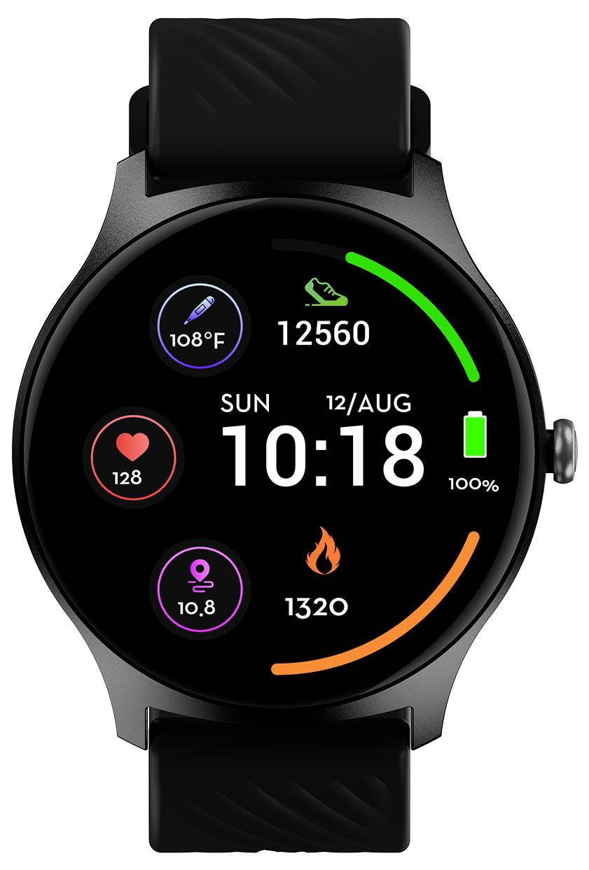 Een zwarte smartwatch toont de datum 'Zondag, 12 augustus' en de tijd 10:18 uur. Stappen: 12.560, Calorieën: 1.320, Hartslag: 128.