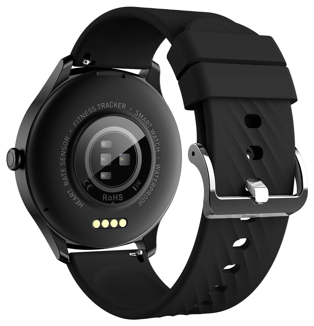 Achterkant van een zwarte smartwatch met sensoren en laadcontacten, geschikt voor fitness-tracking, hartslagmeting en waterdicht.