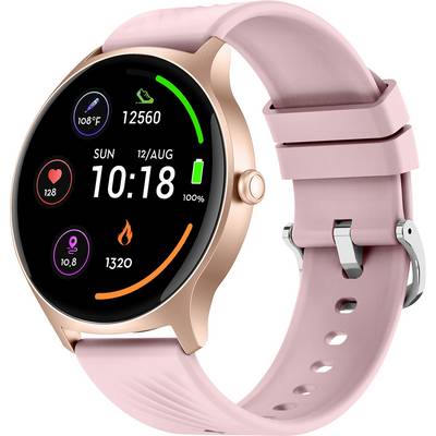 Rosa Smartwatch toont stappen, hartslag en verbrande calorieën op het display. Datum en tijd zijn eveneens zichtbaar.
