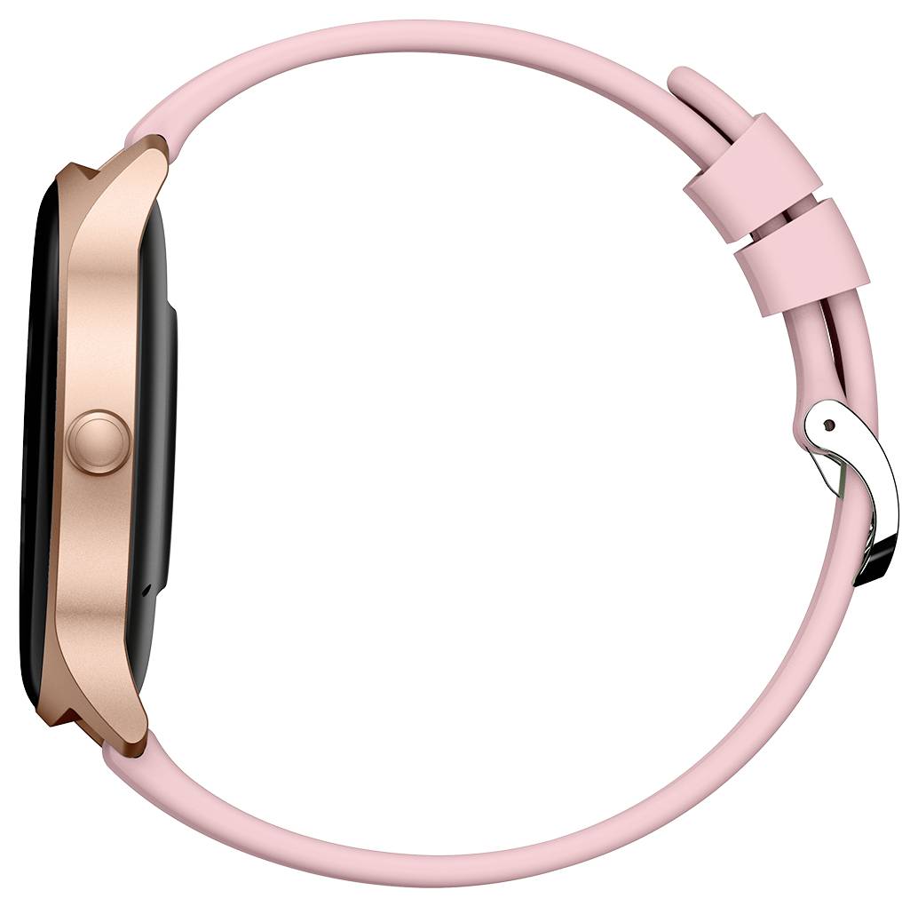 Een roségouden smartwatch met een roze bandje, weergegeven van opzij.