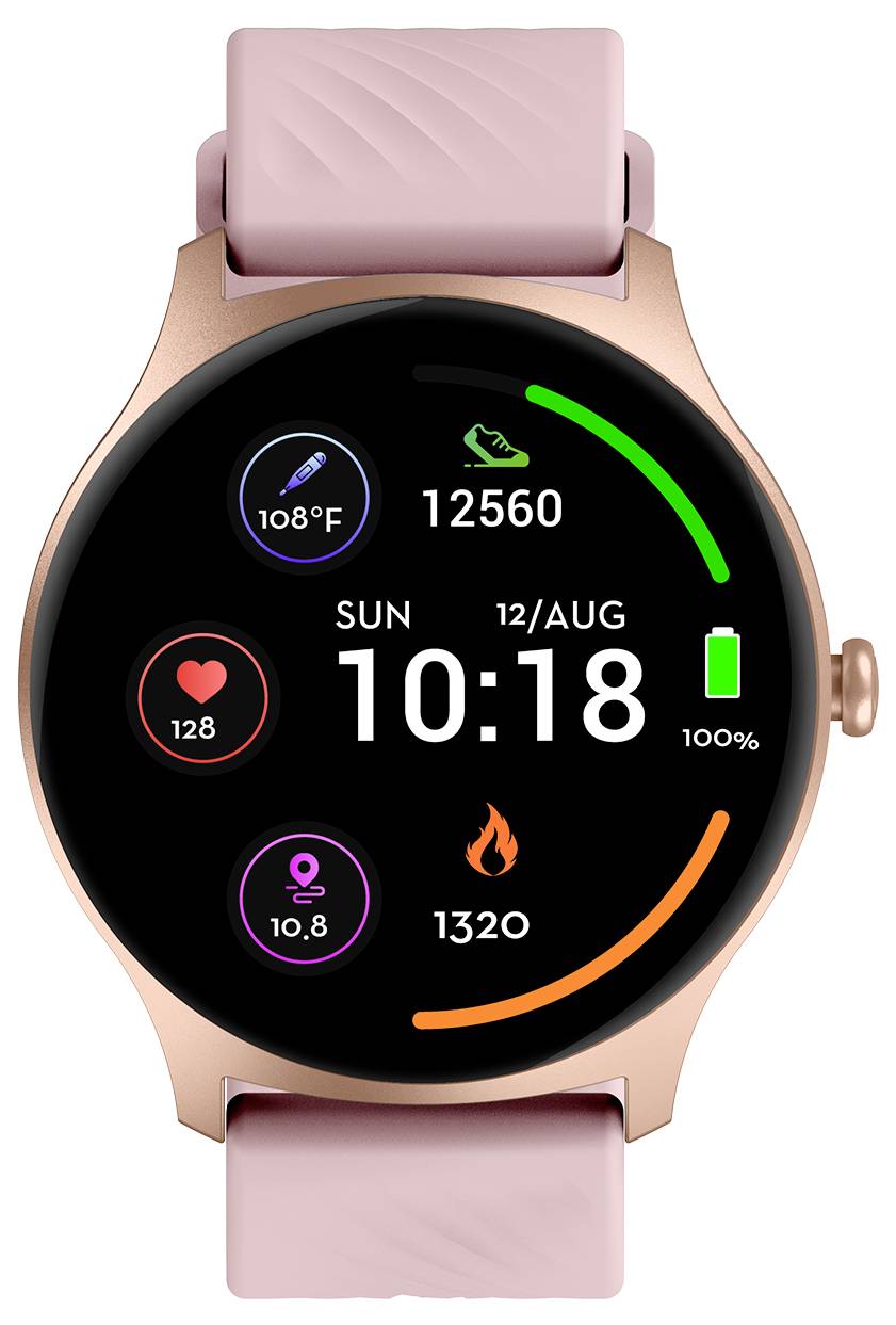 Een smartwatch met een roze bandje toont stappen (12560), verbrande calorieën (1320), hartslag (128 bpm), temperatuur (108°F) en tijd (10:18).