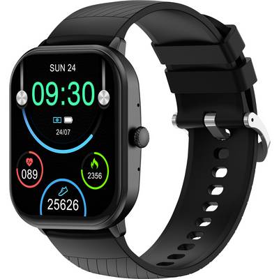 Zwarte smartwatch met rechthoekig display toont datum 'ZON 24', tijd '09:30', stappenteller '25626', hartslag '089' en calorieën '2356'.
