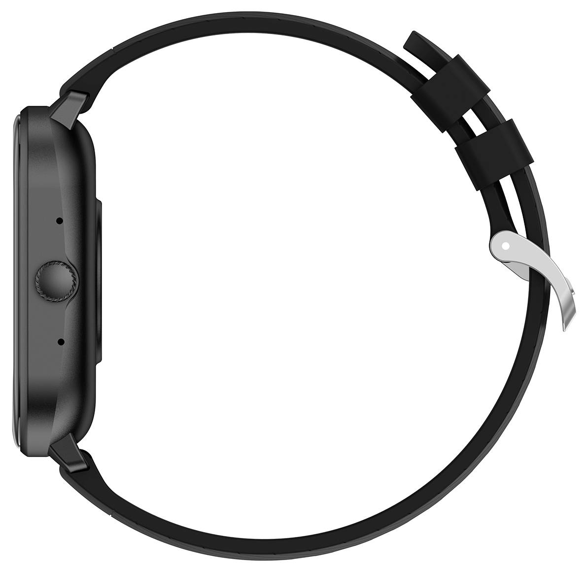 Een zwarte smartwatch in zijaanzicht met een rond behuizing en een display. De kroon bevindt zich links.