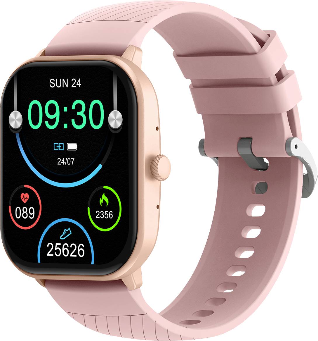Een roze smartwatch toont datum en tijd. Op het display zijn stappen, hartslag en verbrande calorieën zichtbaar.