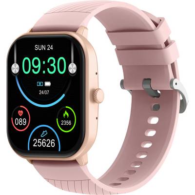 Een roze smartwatch toont datum en tijd. Op het display zijn stappen, hartslag en verbrande calorieën zichtbaar.