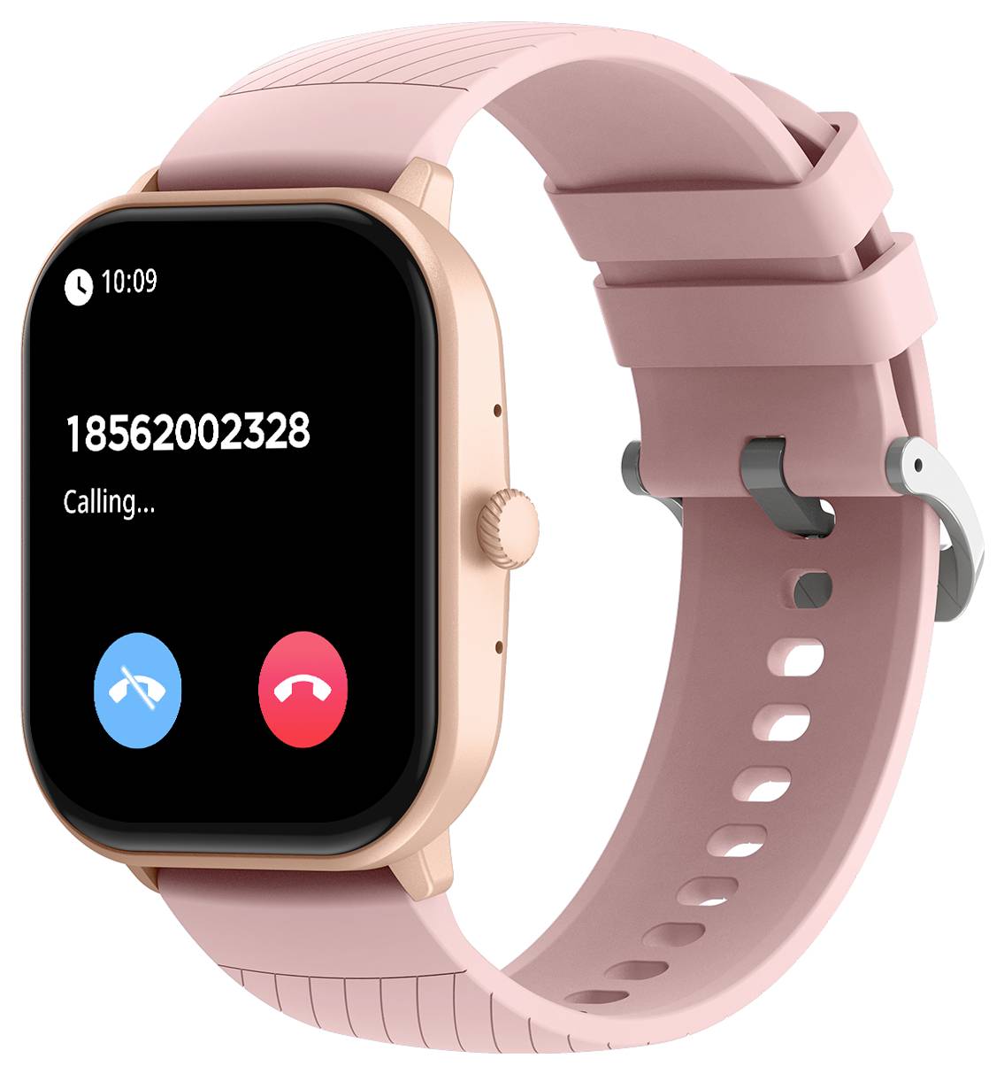 Een roze smartwatch toont een inkomende oproep van het nummer 18562002328 met de opties 'Aannemen' en 'Weigeren'.