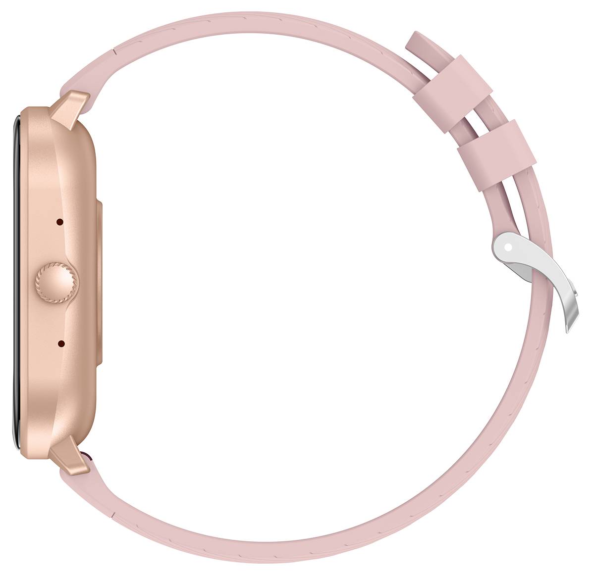 Een smartwatch met een roze metalen behuizing en bijpassende band, zijaanzicht.