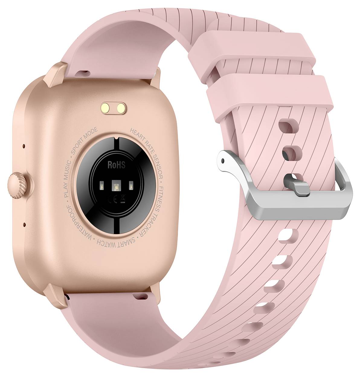 Een roze smartwatch met een rond display en een siliconen polsband, weergegeven vanuit een zijaanzicht.