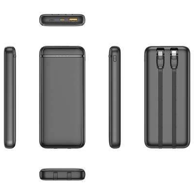 Verschillende aanzichten van een zwarte draagbare powerbank met twee USB-poorten en geïntegreerde kabels.