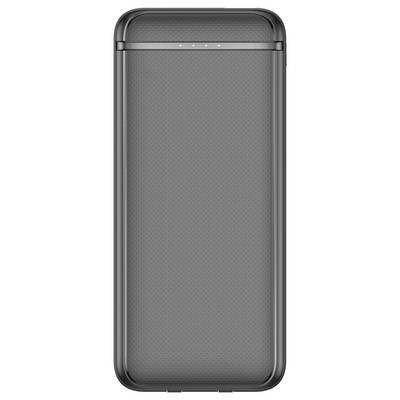 Zwarte powerbank met een gladde oppervlakte en laadaanduiding bovenaan; draagbare oplader voor elektronische apparaten.