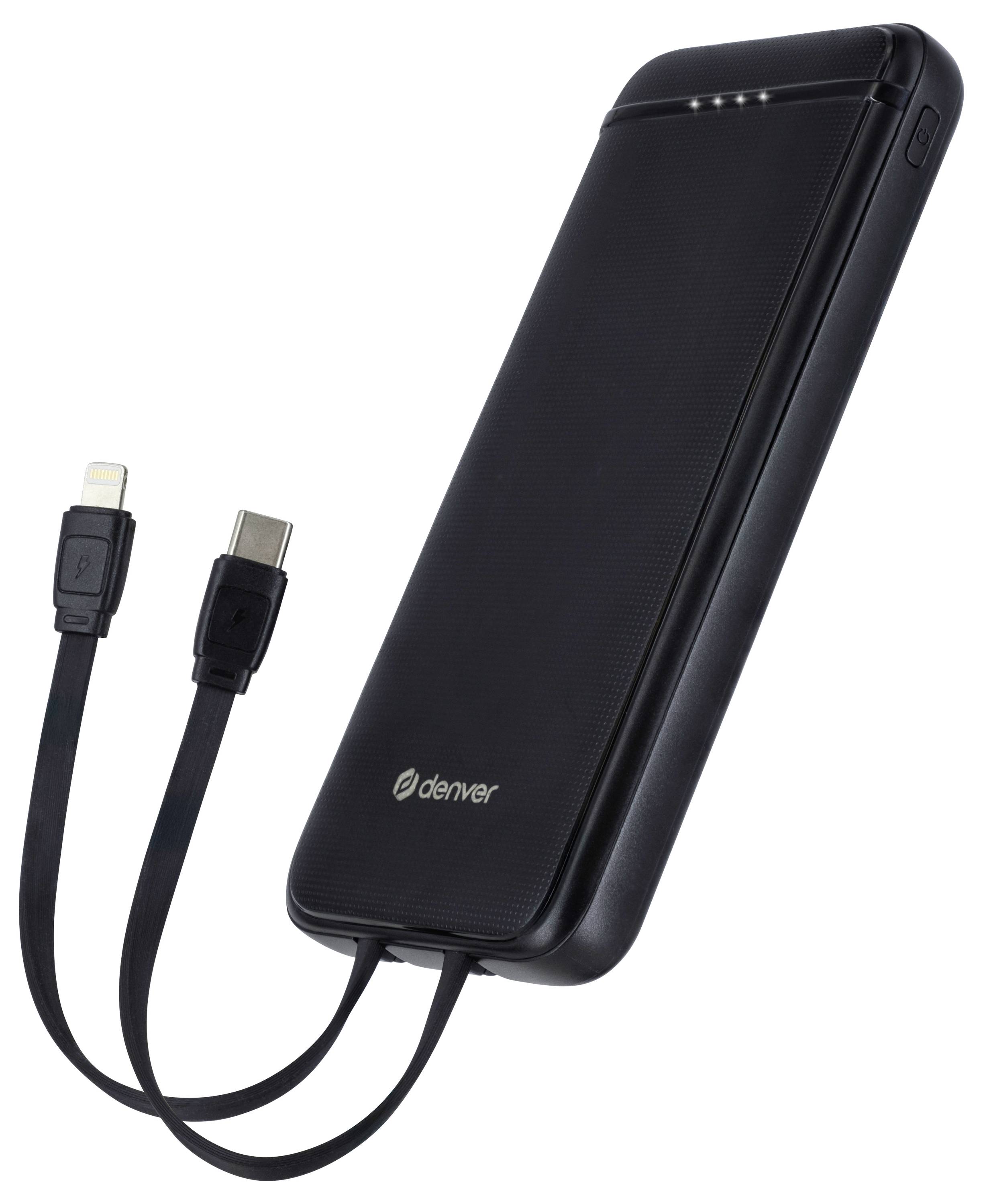 Zwarte powerbank van Denver met twee geïntegreerde kabels, één met Lightning-aansluiting en één met USB-C-aansluiting. Bovenop LED-indicatoren voor de laadstatus.