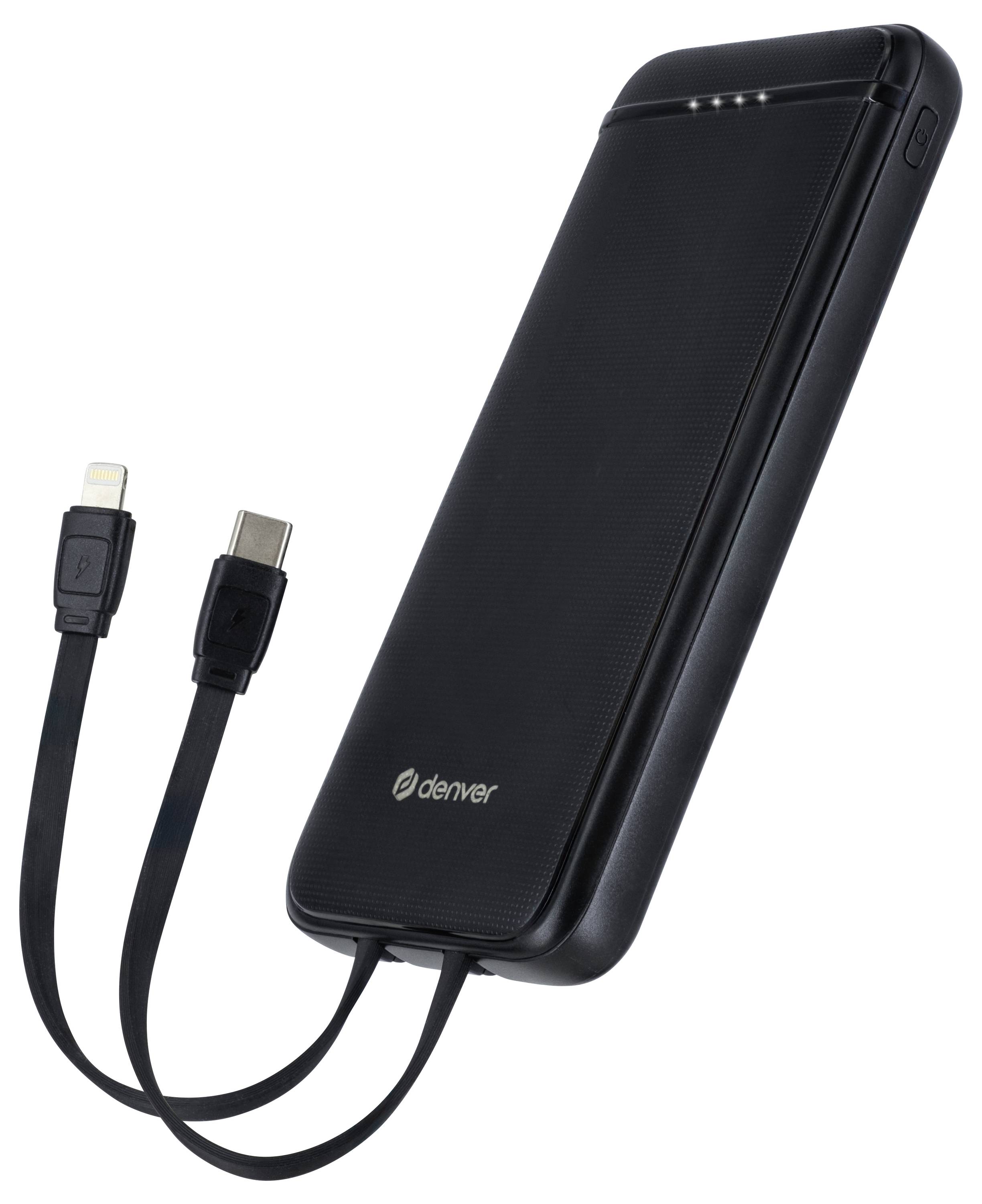 Zwarte powerbank met twee geïntegreerde kabels, USB-C en Lightning-aansluiting, van het merk 'Denver'. LED-indicator bovenop.