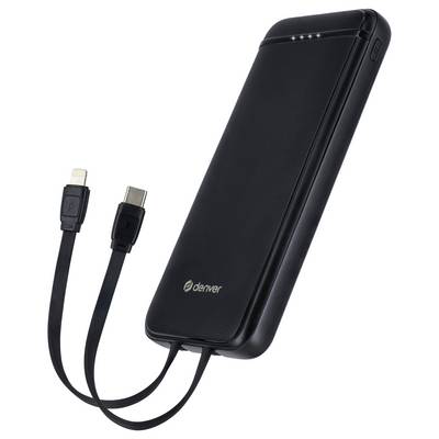 Zwarte powerbank met twee geïntegreerde kabels, USB-C en Lightning-aansluiting, van het merk 'Denver'. LED-indicator bovenop.