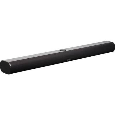 Zwarte soundbar met afgeronde uiteinden en een draaiknop in het midden aan de bovenkant.