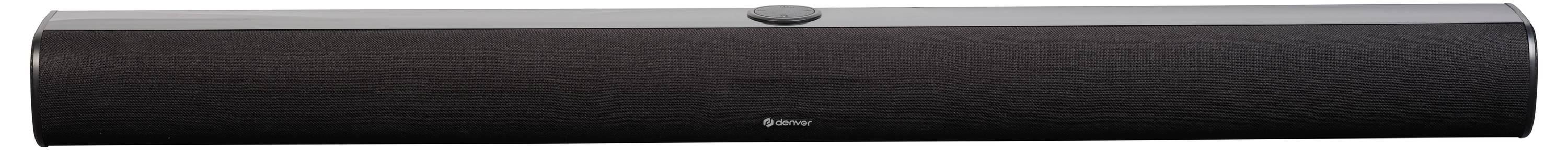 Zwarte soundbar met centrale volumeregelaar en minimalistisch design. Geschikt voor home cinema- of muziekinstallaties.
