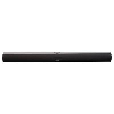 Zwarte soundbar met centrale volumeregelaar en minimalistisch design. Geschikt voor home cinema- of muziekinstallaties.