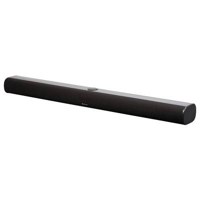 Zwarte soundbar met afgeronde randen en een centrale bedieningstoets aan de bovenzijde.