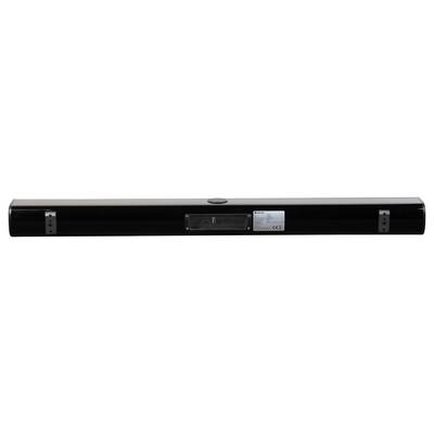 Zwarte, cilindrische soundbar-achterkant met wandmontage-elementen en fabrikantslogo.