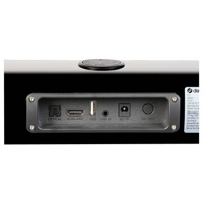 'Aansluitingen aan de achterkant van het apparaat: Optische aansluiting, HDMI/ARC, USB, Line-In, DC-In, Subwoofer-uitgang.'