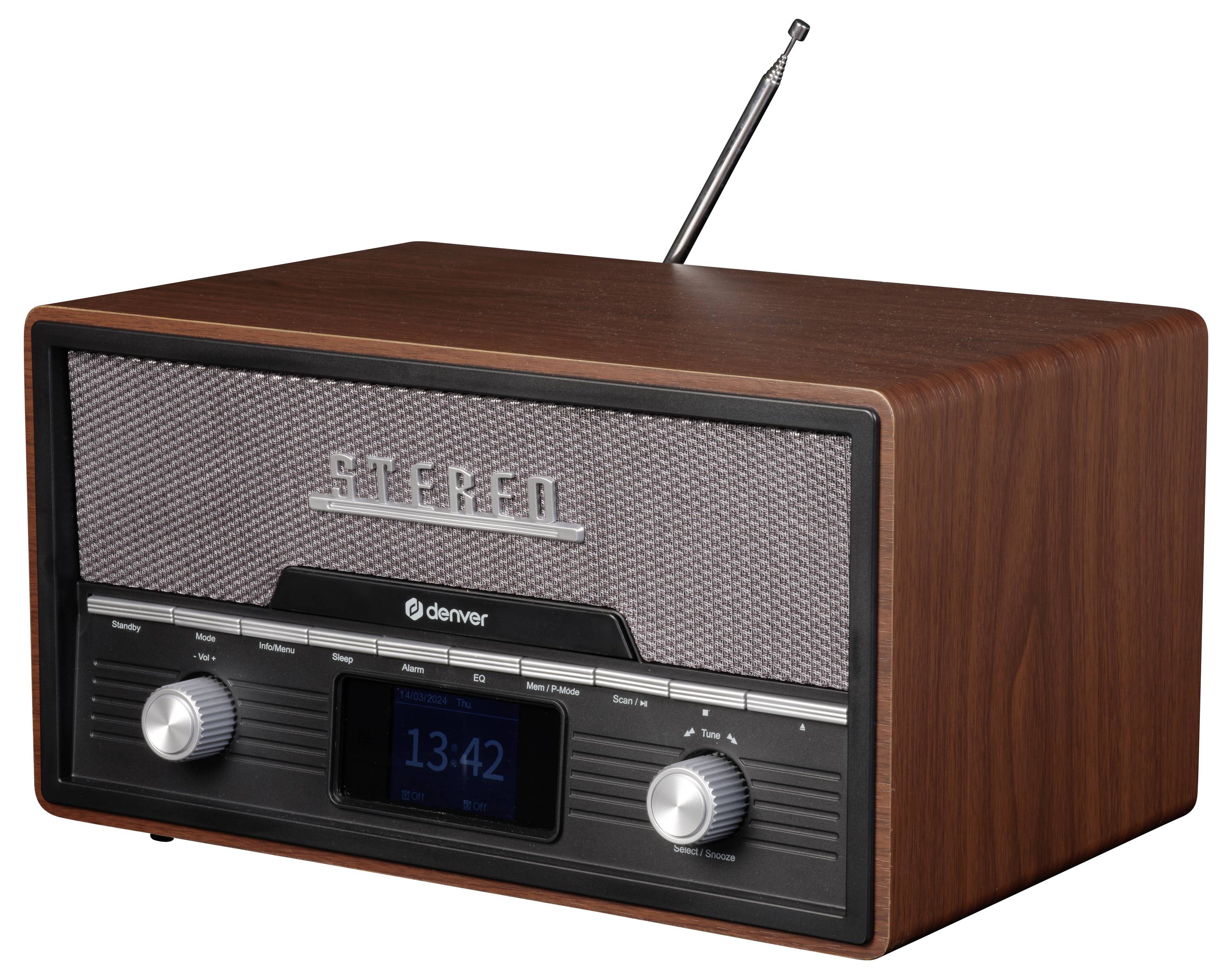 Een retro-radio van hout met twee draaiknoppen en een digitaal display in het midden, antenne bovenaan, toont de tijd 13:42.