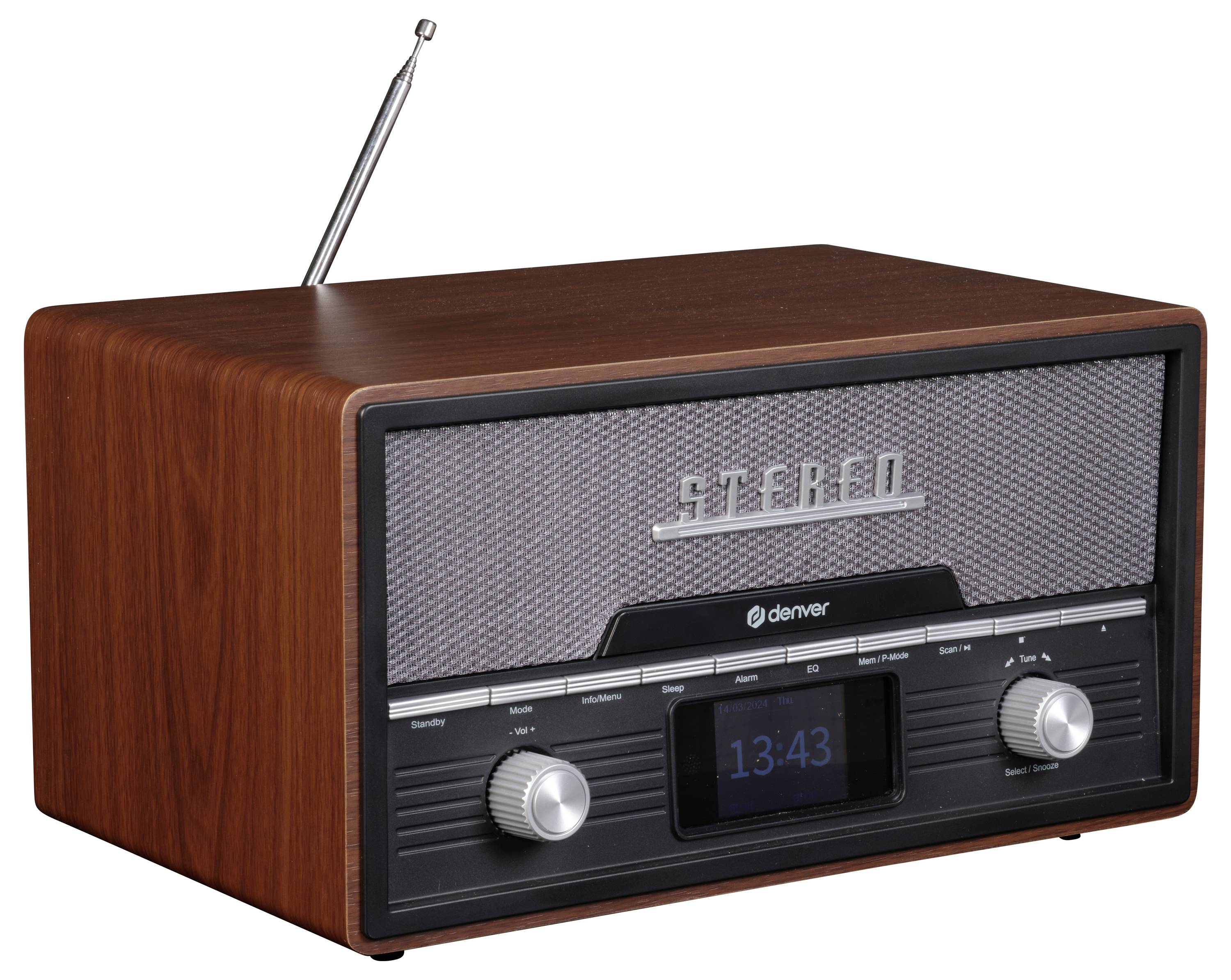 Houten radio met antenne en voorpaneel-display, toont 'Stereo' en tijd '13:43'. Twee draaiknoppen voor volume en zenderkeuze.
