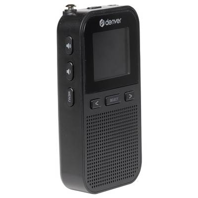 Draagbaar zwart digitaal radio met scherm en bedieningselementen aan de zijkant.