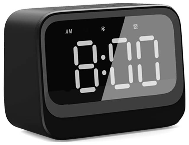 Digitale wekker met groot display toont de tijd '8:00'. Symbolen voor AM, Bluetooth en camera zijn zichtbaar erboven.