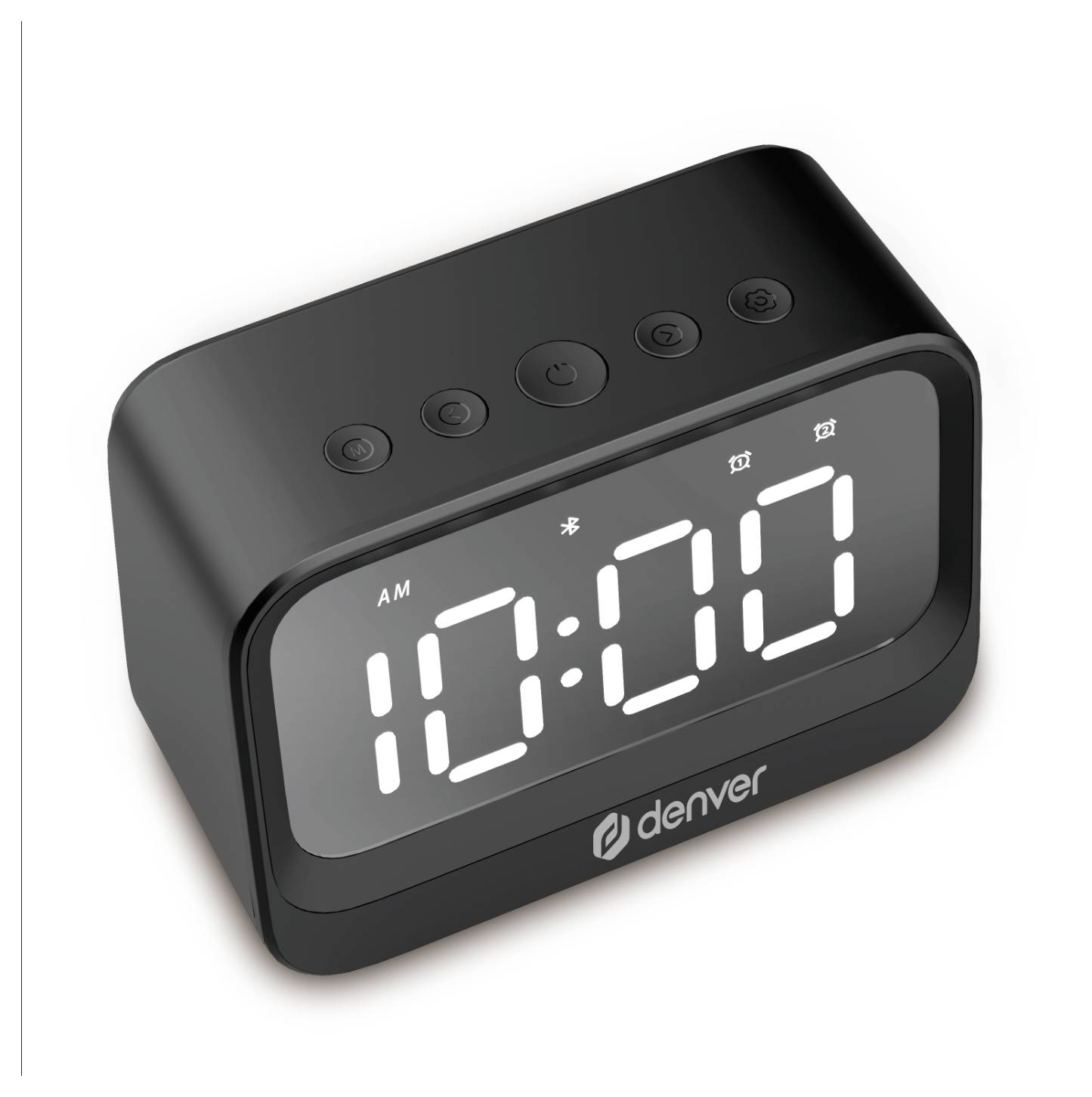 Zwarte digitale wekker met weergave '10:00 AM' en vier toetsen bovenaan.