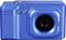Een blauwe digitale camera met een strak design, rechthoekige vorm en een centrale lens.