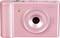 Roze camera met een eenvoudig design en een centraal geplaatste lens.