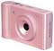 Roze digitale camera van opzij, met een lens-achtige constructie en verschillende knoppen.