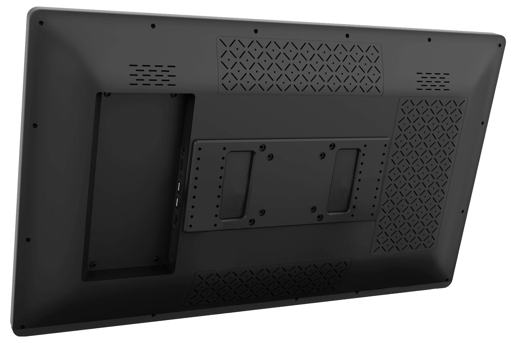 Zwart scherm aan de achterzijde met bevestigingspunten en ventilatiesleuven, compatibel met VESA-montagesteunen.