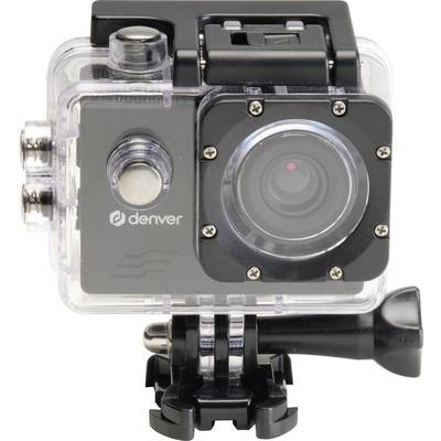 Een waterdichte action-camera in een transparante behuizing, met een zwarte sluiter en lens aan de voorkant.