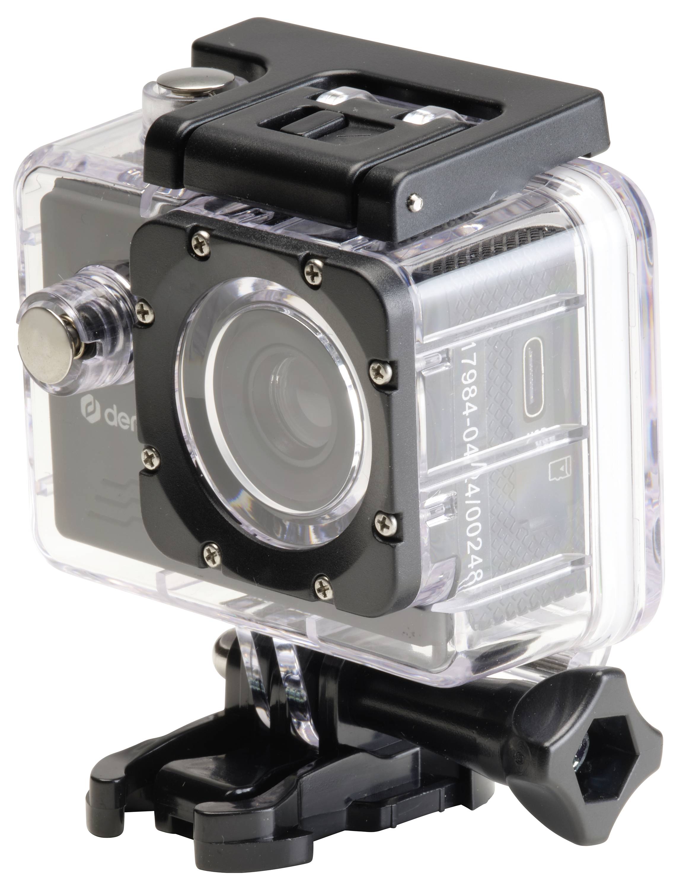 Een waterdichte actiecamera in een transparant beschermhuis met zwart-zilveren details en bevestigingsschroef.