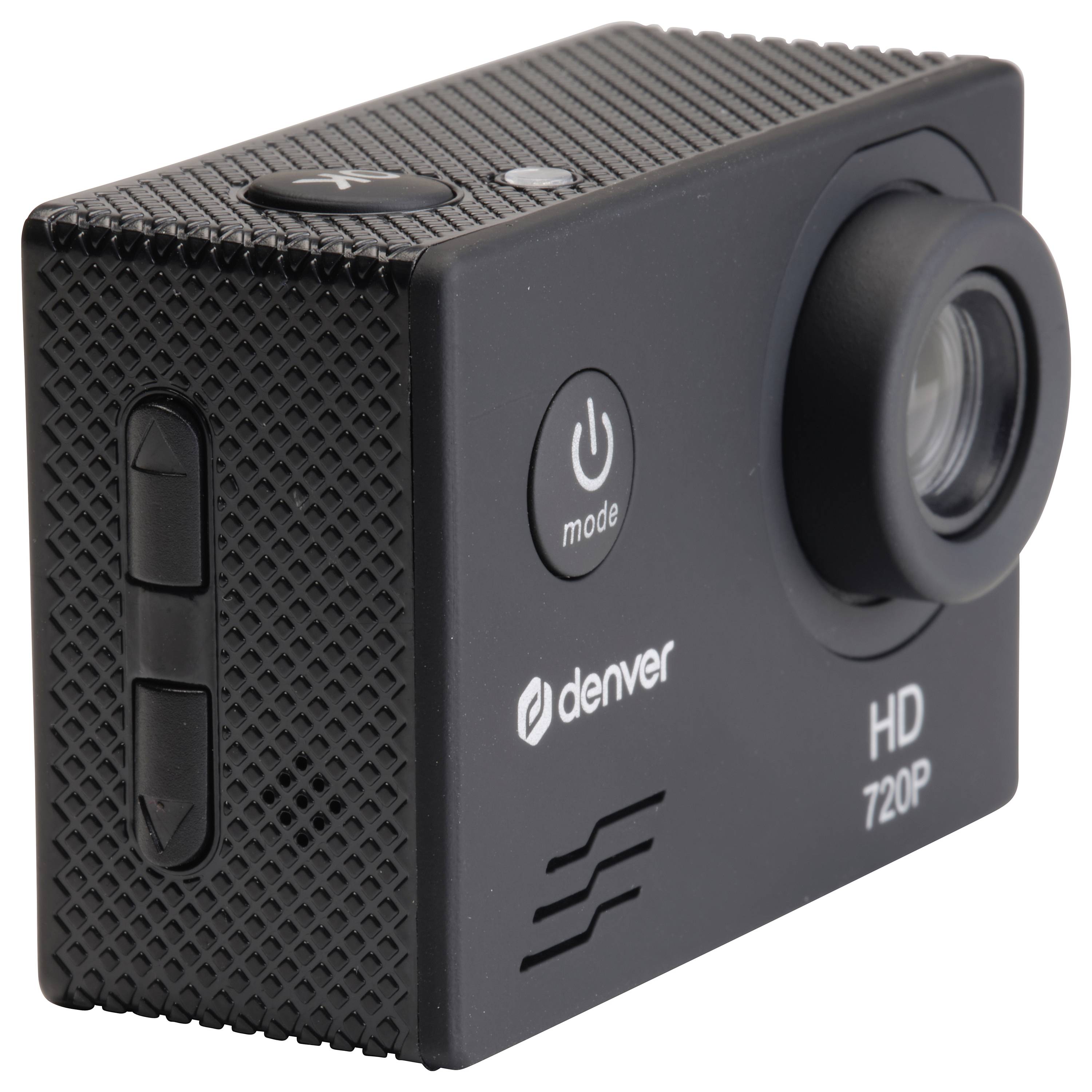 Zwarte Denver HD 720P Action-camera met lens aan de voorkant, zijdelingse bedieningsknoppen en bovenop een 'Modus'-knop.