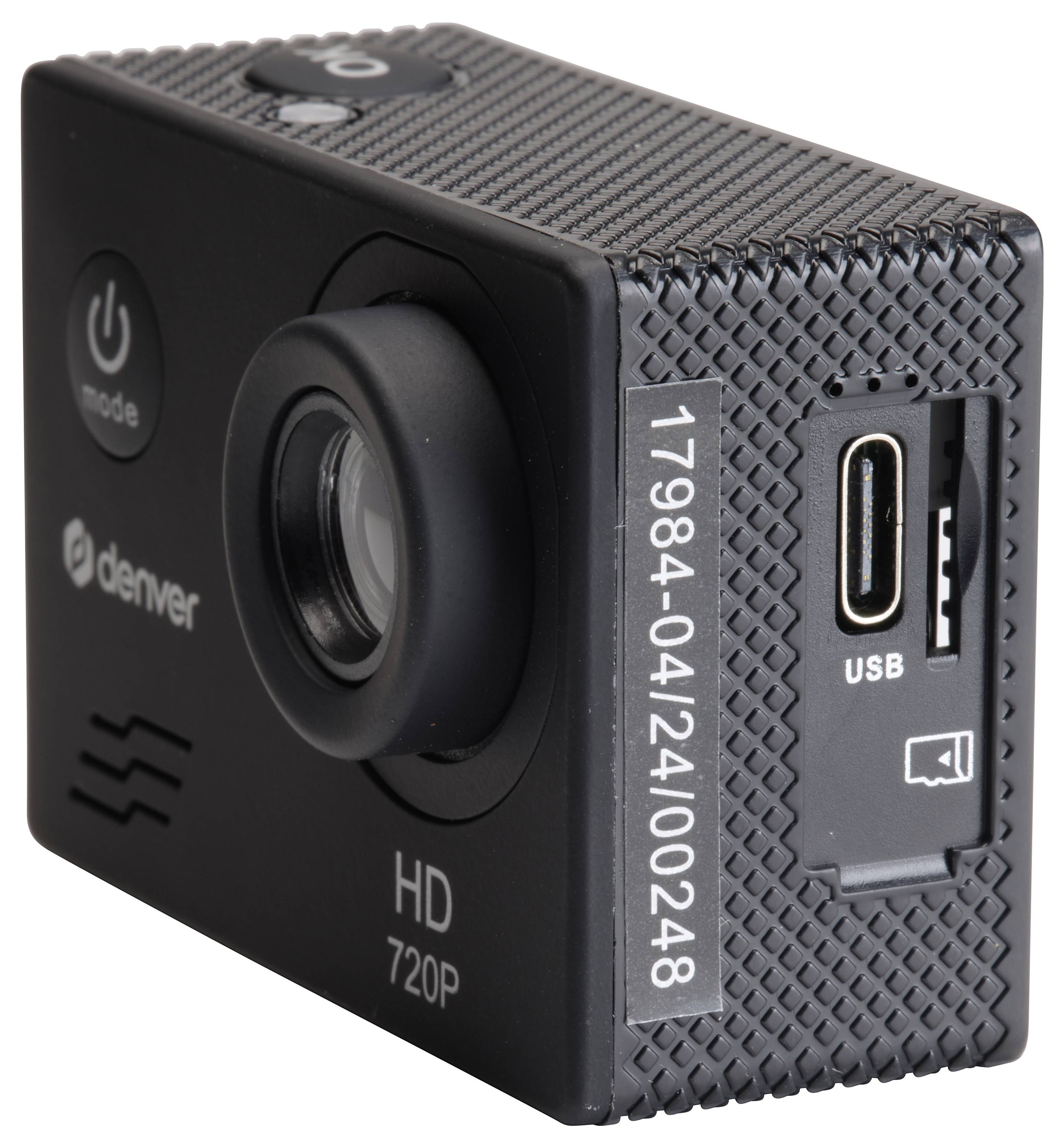 Zwarte HD-720P-actiecamera met USB-aansluiting en serienummer aan de zijkant, geschikt voor video-opnames in hoge resolutie.