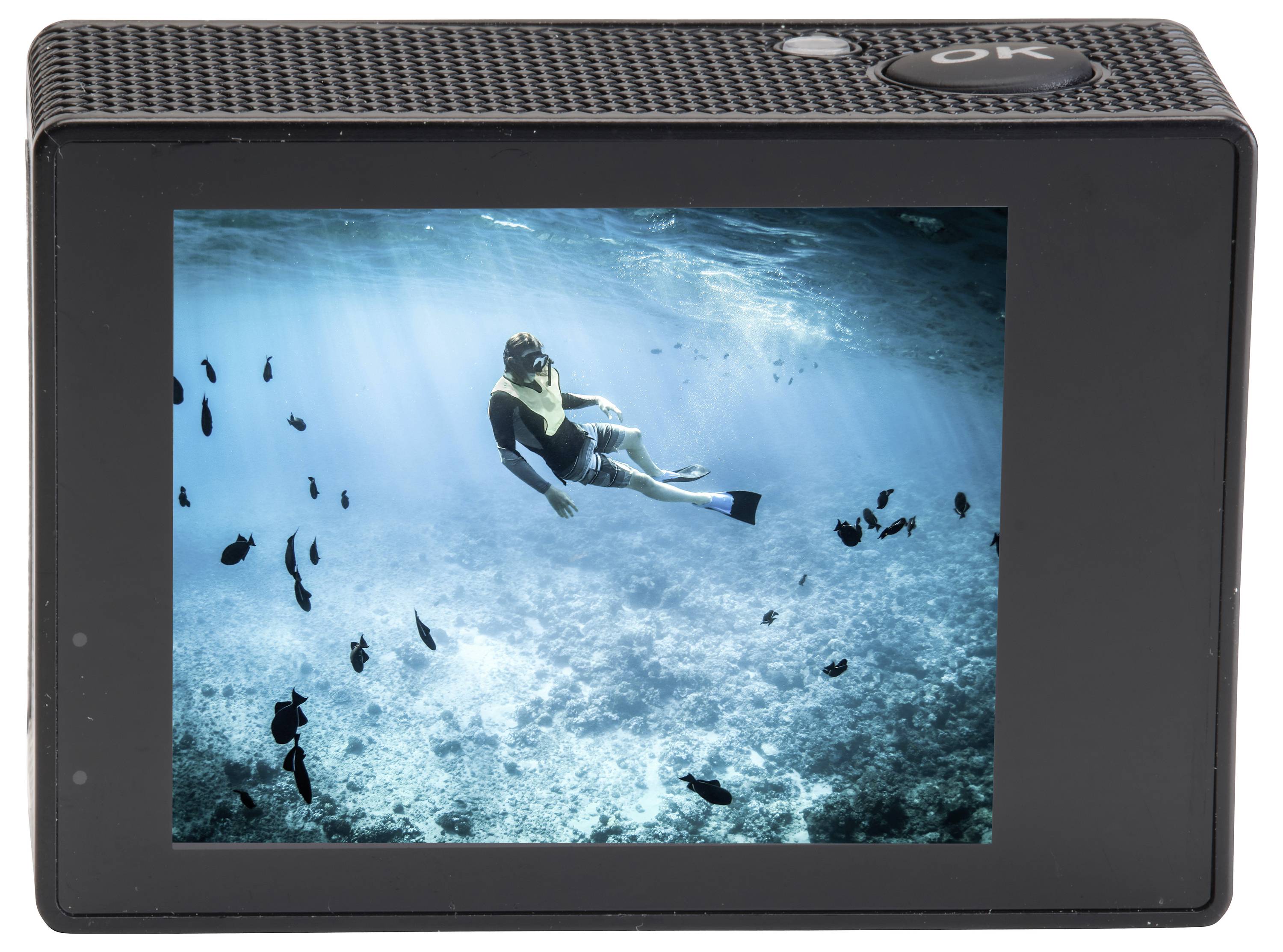 Een camera toont op het display een beeld van een persoon die onder water duikt, omringd door vissen.