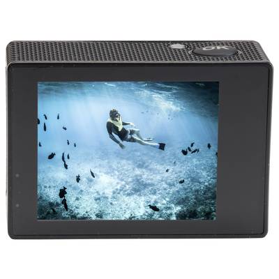 Een camera toont op het display een beeld van een persoon die onder water duikt, omringd door vissen.