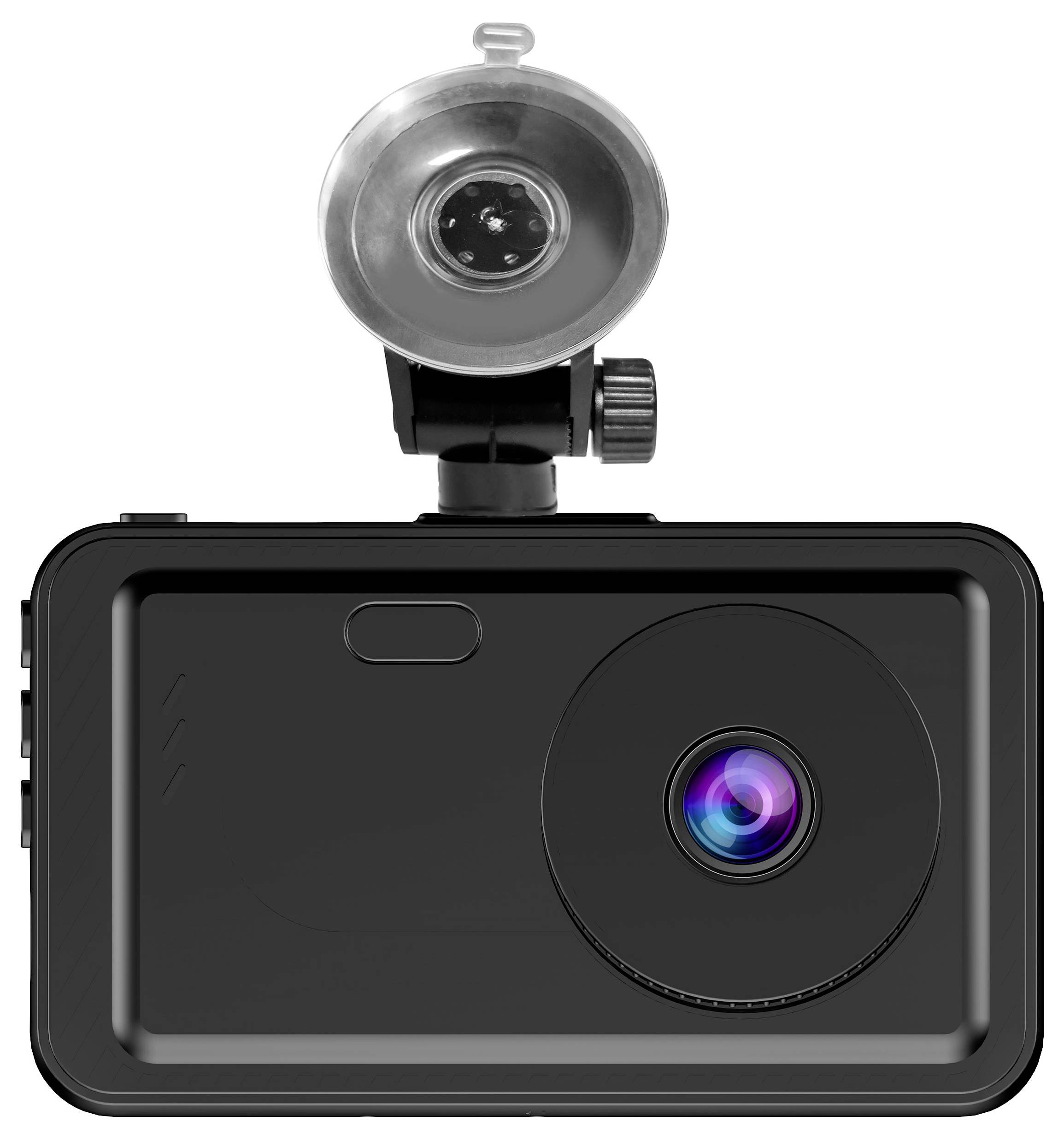 Zwarte dashcam met lens en zuignap-bevestiging voor gebruik in voertuigen voor video-opnames tijdens het rijden.