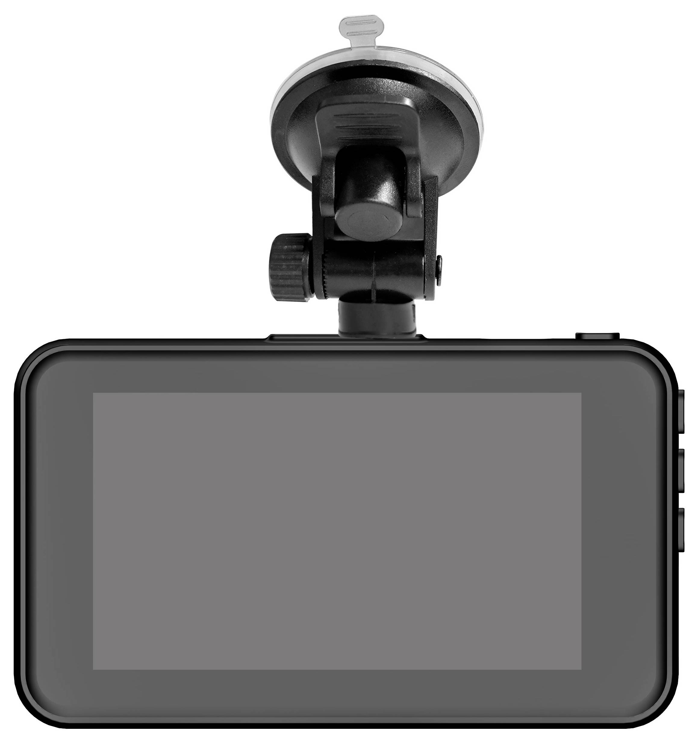 Dashcam met zuignap houder, achteraanzicht met display. Het apparaat is klaar voor installatie op de voorruit van een voertuig.