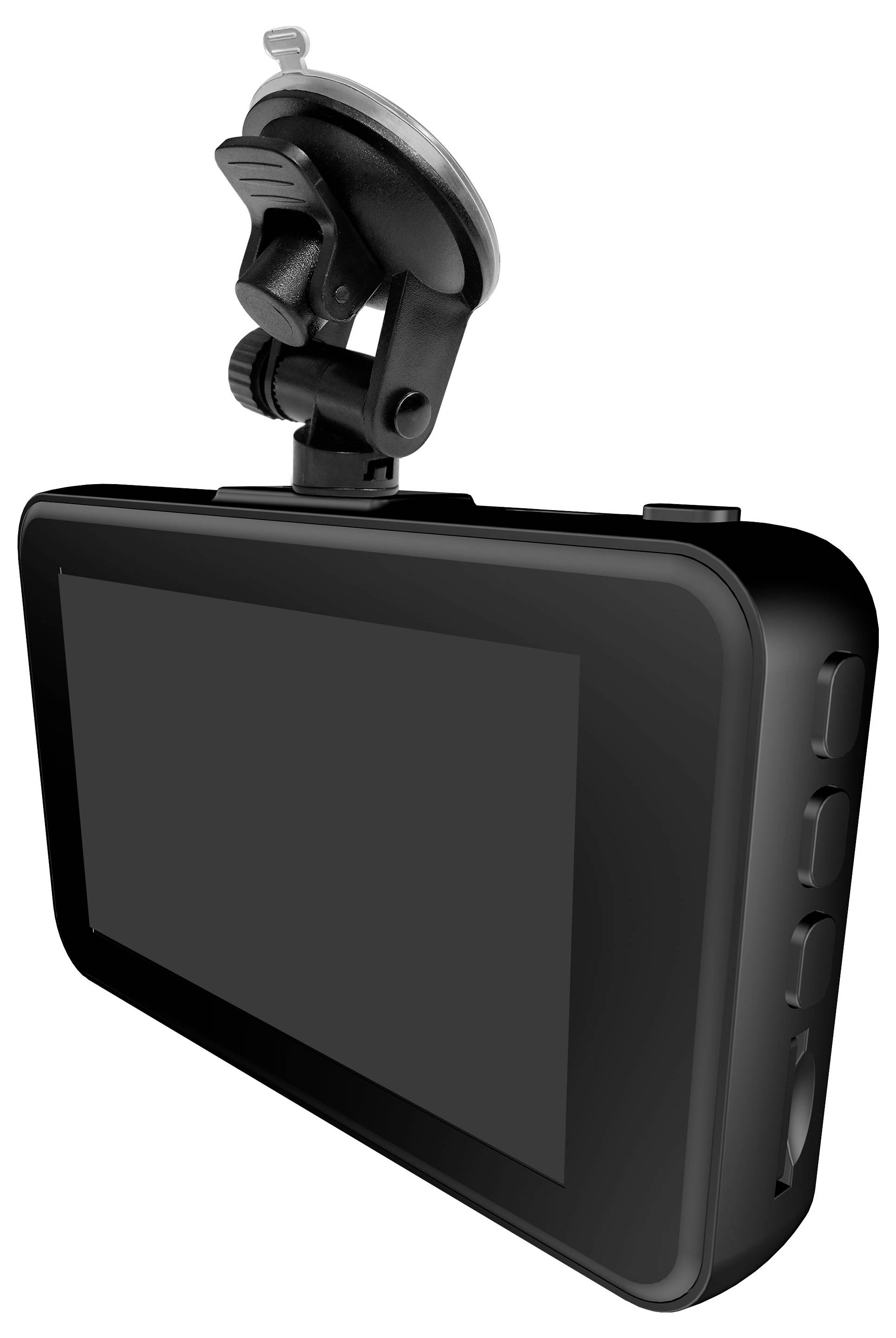 Zwarte camera met zuignap, vermoedelijk voor de voorruit van een auto, toont scherm en bedieningselementen aan de zijkant.
