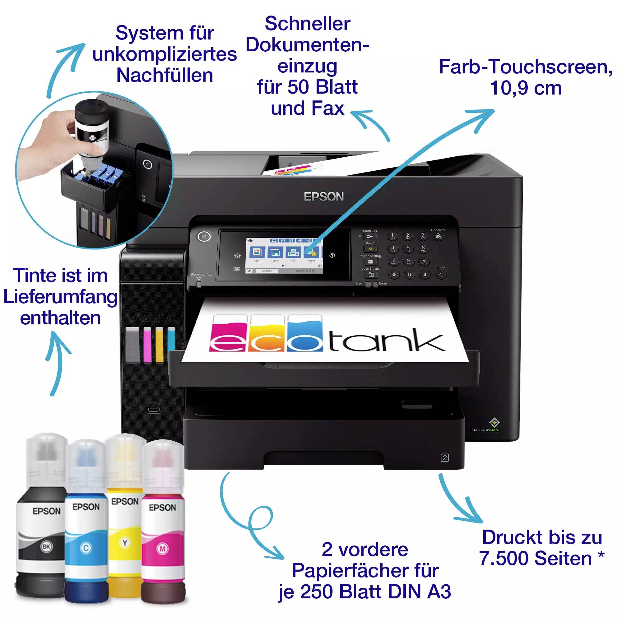 'Printer met EcoTank-systeem: Kleur-touchscreen (10,9 cm), snelle documententoevoer voor 50 vel, drukt tot 7.500 pagina's.'