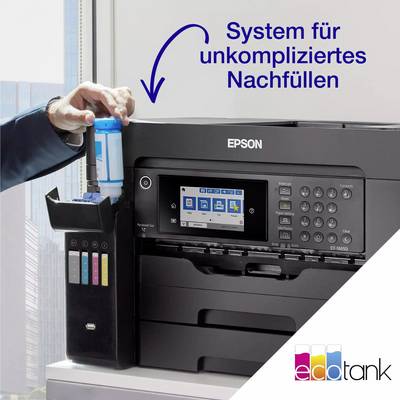 Een man vult inkt in een Epson-printer met een blauwe houder. Tekst: 'Systeem voor eenvoudig bijvullen'.