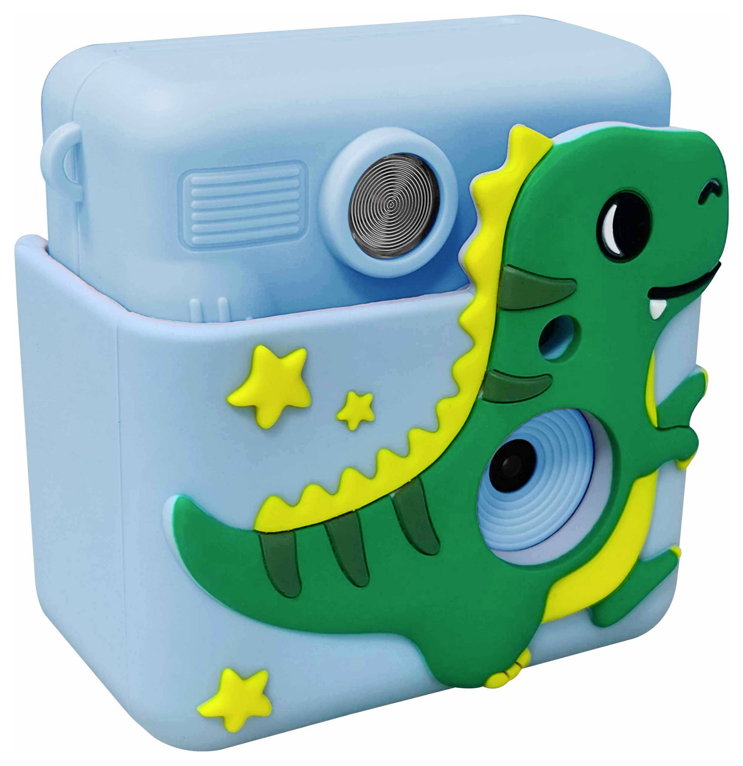 Een blauwe kindercamera met een vrolijk, groen dinosaurusmotief en gele sterren op de voorkant.