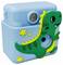 Een blauwe kindercamera met een vrolijk, groen dinosaurusmotief en gele sterren op de voorkant.